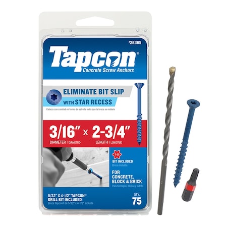 Tapcon Concrete Screw, 3/16" Dia., Climaseal Coated, Flat Head 75 PK 28365